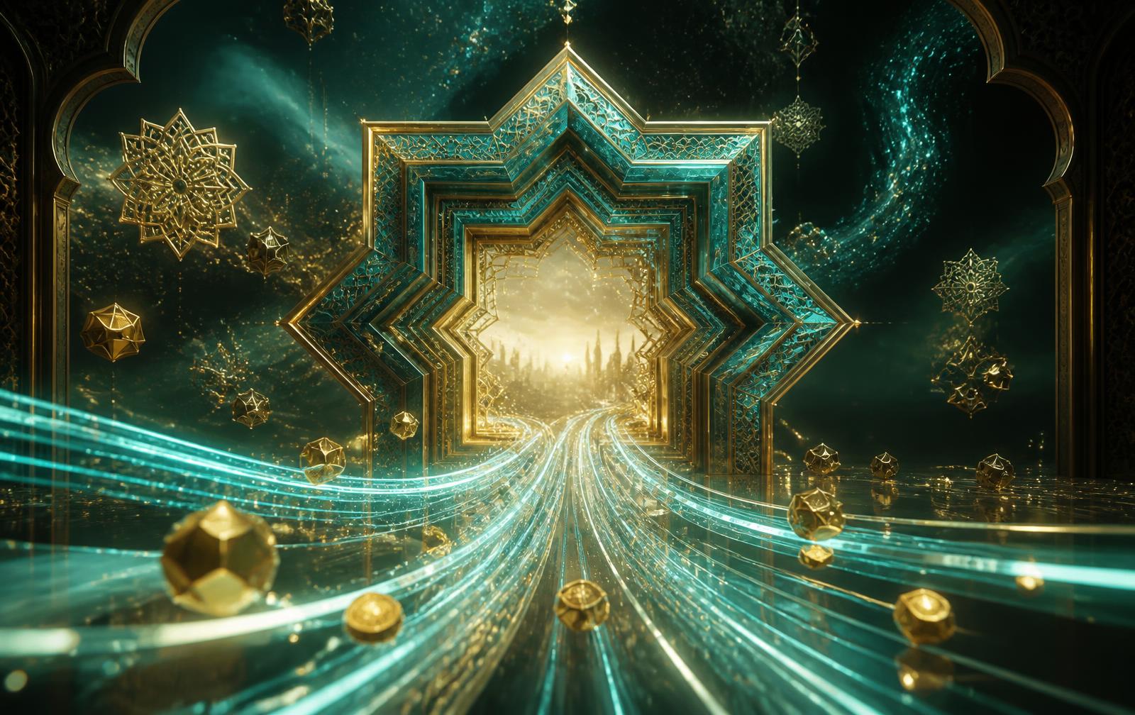 Persian tilework star portal dissolving into global payment light streams